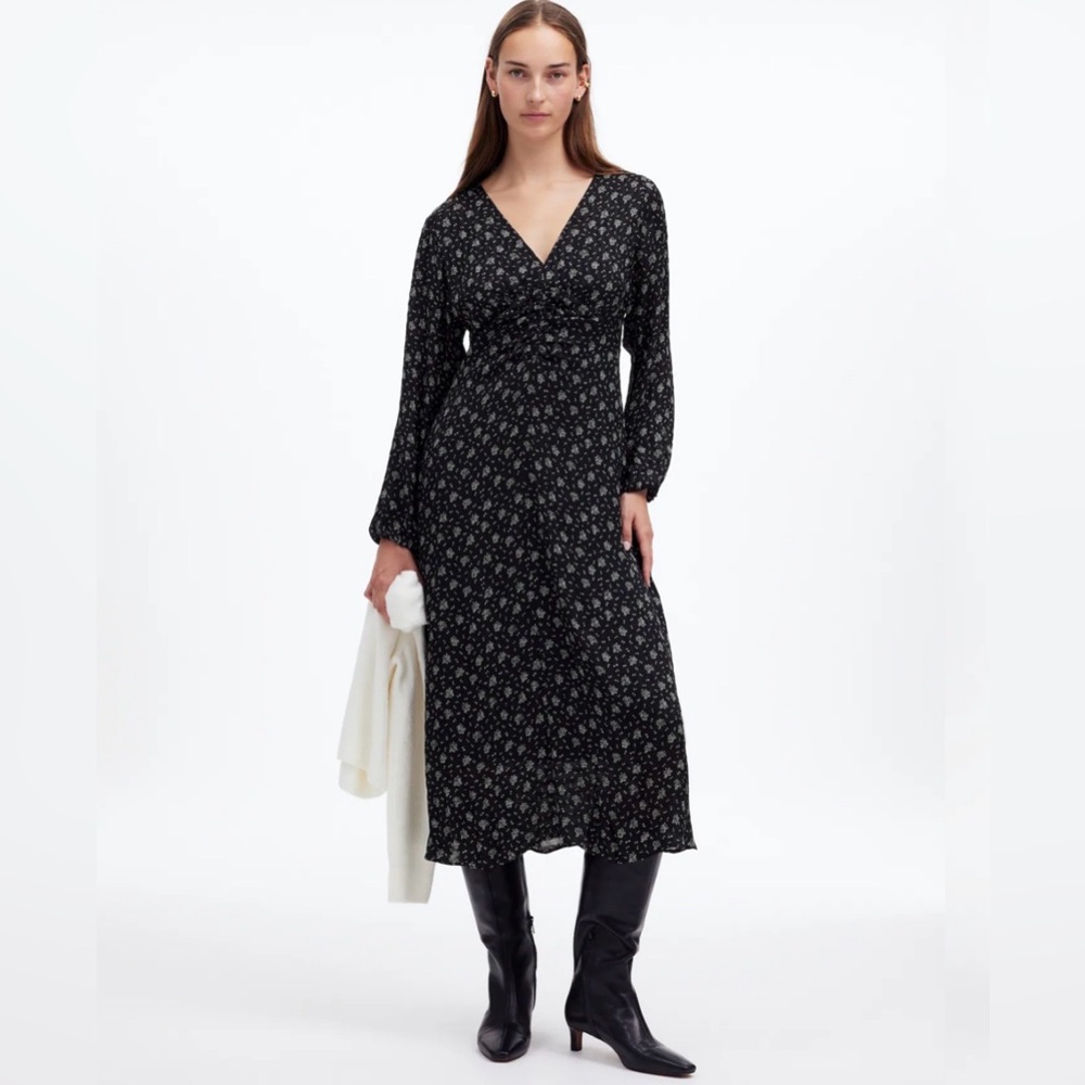 Madewell Black Floral Ruched Midi Dress, Size 6